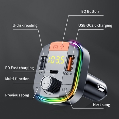 T832 Transmisor de FM Luces LED de colores Reproductor de MP3 de automóvil PD/QC3.0 Cargador rápido de automóvil proveedor